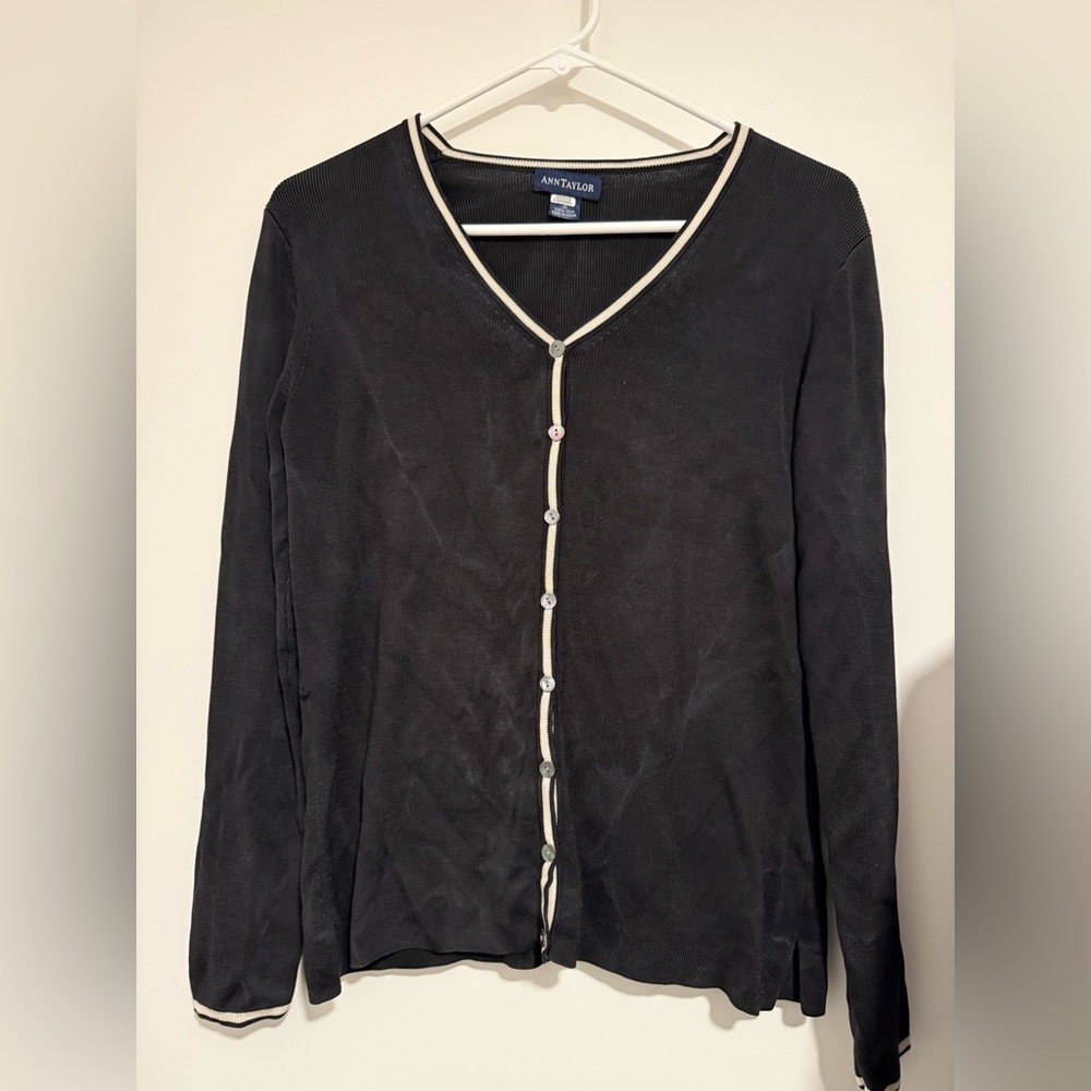 Ann Taylor 100% Silk Cream and Black Button Up Cardigan, Size Small